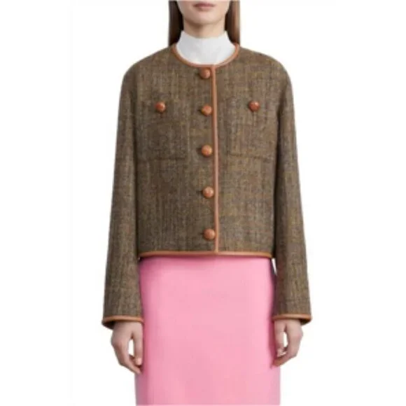 Lafayette 148 New York Highlands Leather Trim Wool Boucle Tweed Jacket Large - Picture 1 of 11